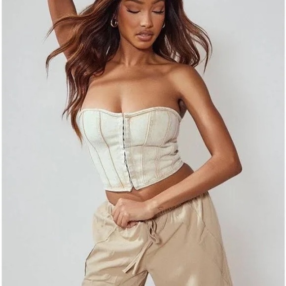 NWT PLT Washed Stone Denim Strapless Hook & Eye Structured Corset Top Y2K Grunge - Picture 1 of 8